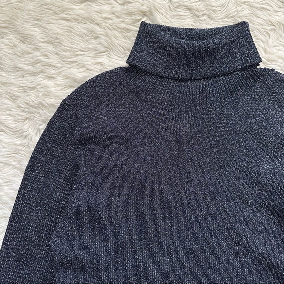 3.1 Phillip Lim Sweater Turtleneck Long Sleeve Ribbed Sparkle Metallic Navy L - Picture 4 of 11